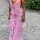 Pink Spaghetti Strap Ruffle Maxi Dress Long Party Dress Evening Dress nv2695