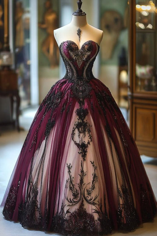 NiceVestidos-_Purple And Black Delicate Lace Long Tulle Vintage Ball Gown NV6058