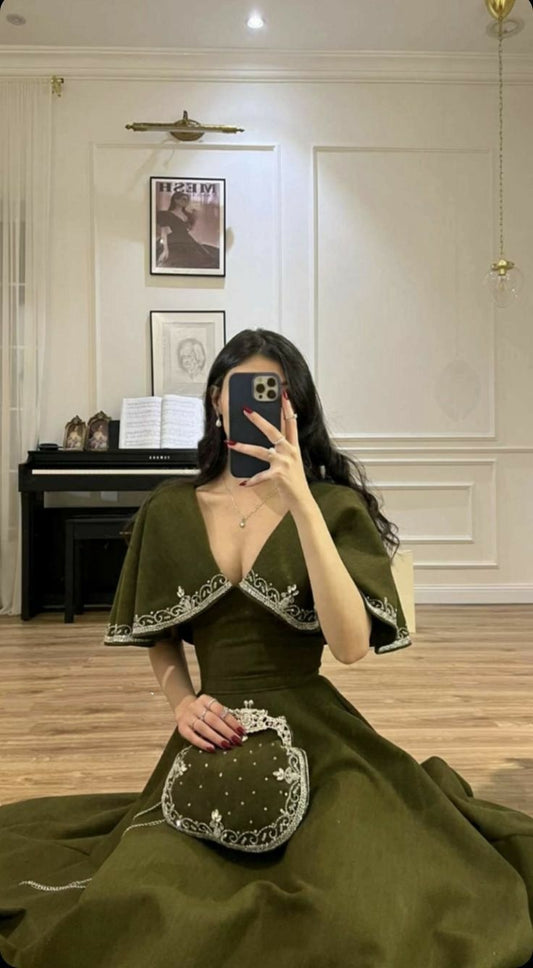 White/Green/Black simple elegant cape style embroidered long Prom Dress evening dress party dress nv2421