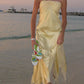 Robe de soirée longue en satin jaune élégante et élégante, deux pièces, tenue de soirée en bord de mer, nv3596