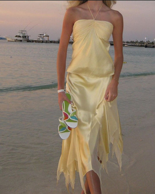 Gelbes stilvolles, elegantes zweiteiliges langes Satin-Ballkleid-Abendkleid für den Urlaub am Meer, Partykleid, NV3596