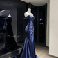 Navy Blue Off Shoulder Satin Mermaid Dress Ruched Corset High Slit Long Train Formal Prom Gown  NV6940