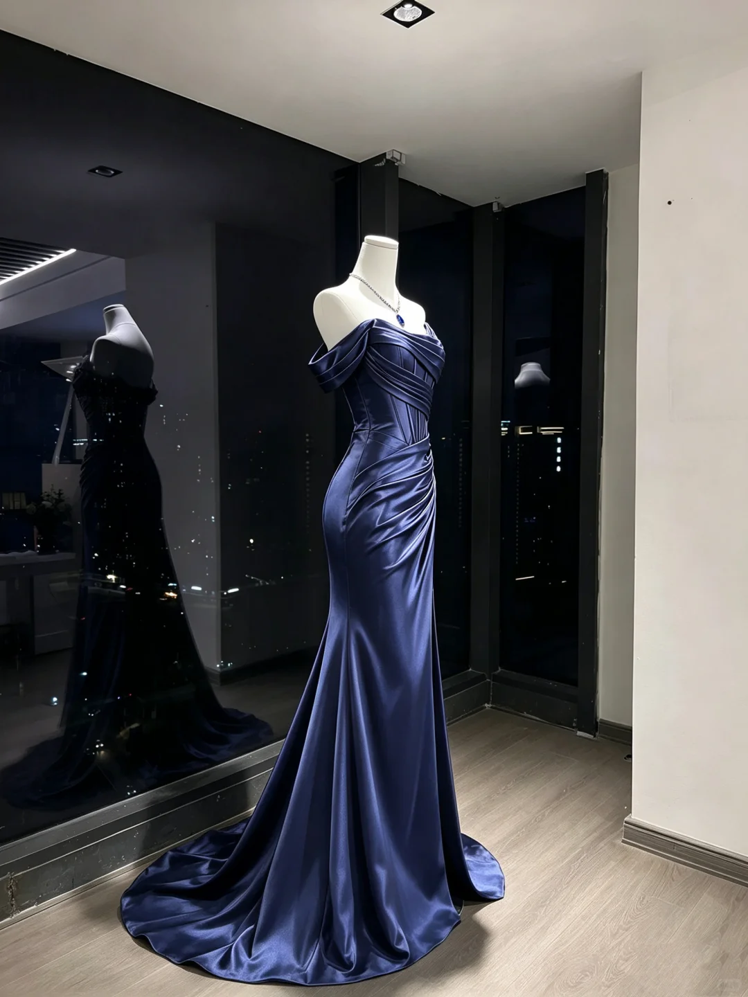 Navy Blue Off Shoulder Satin Mermaid Dress Ruched Corset High Slit Long Train Formal Prom Gown  NV6940