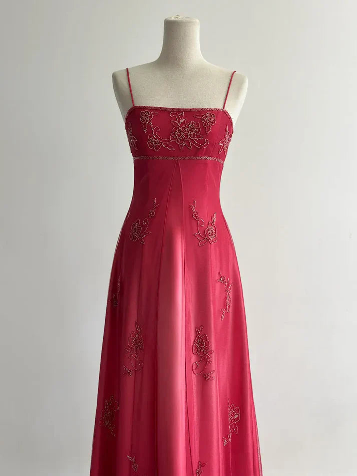 Robe de soirée longue en tulle, élégante et élégante, avec broderies et perles, bretelles spaghetti, rouge, nv3980