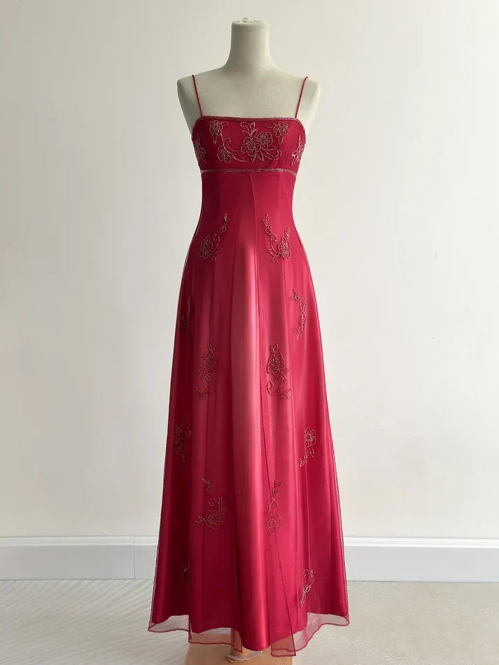 Robe de soirée longue en tulle, élégante et élégante, avec broderies et perles, bretelles spaghetti, rouge, nv3980