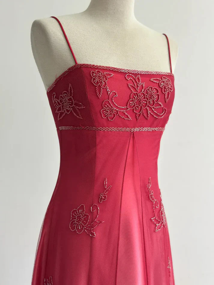 Robe de soirée longue en tulle, élégante et élégante, avec broderies et perles, bretelles spaghetti, rouge, nv3980