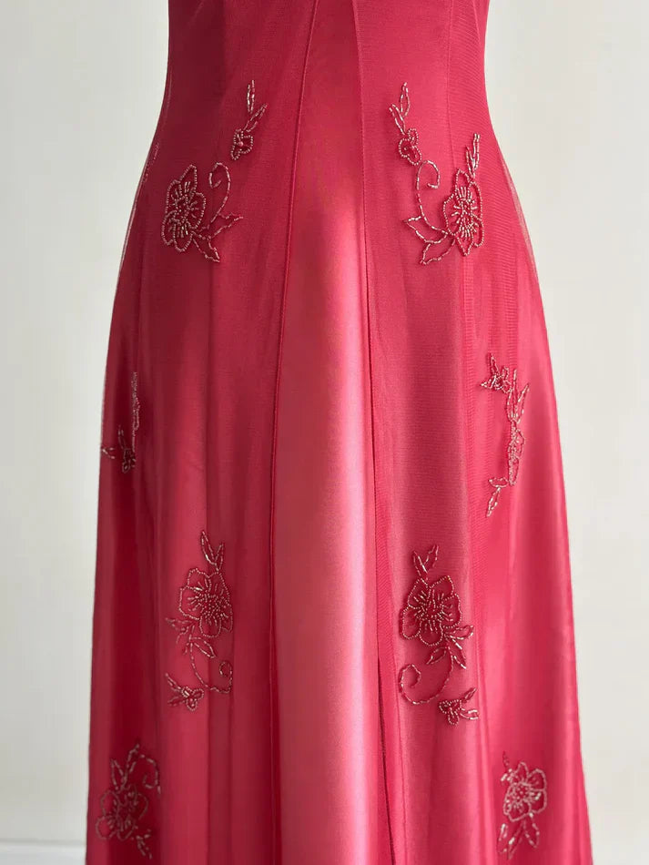 Robe de soirée longue en tulle, élégante et élégante, avec broderies et perles, bretelles spaghetti, rouge, nv3980
