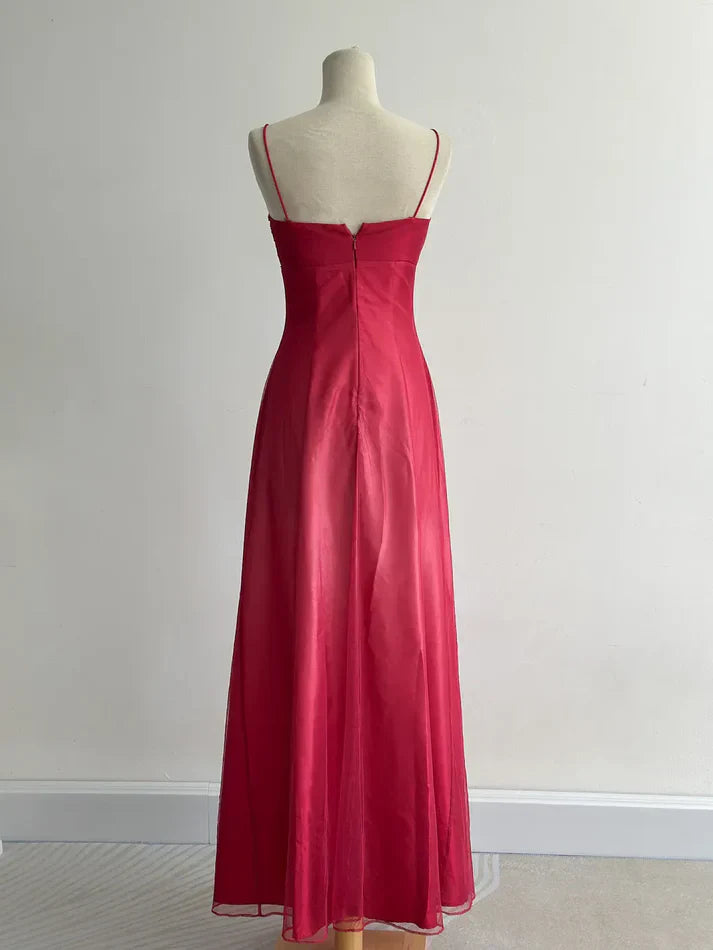 Robe de soirée longue en tulle, élégante et élégante, avec broderies et perles, bretelles spaghetti, rouge, nv3980