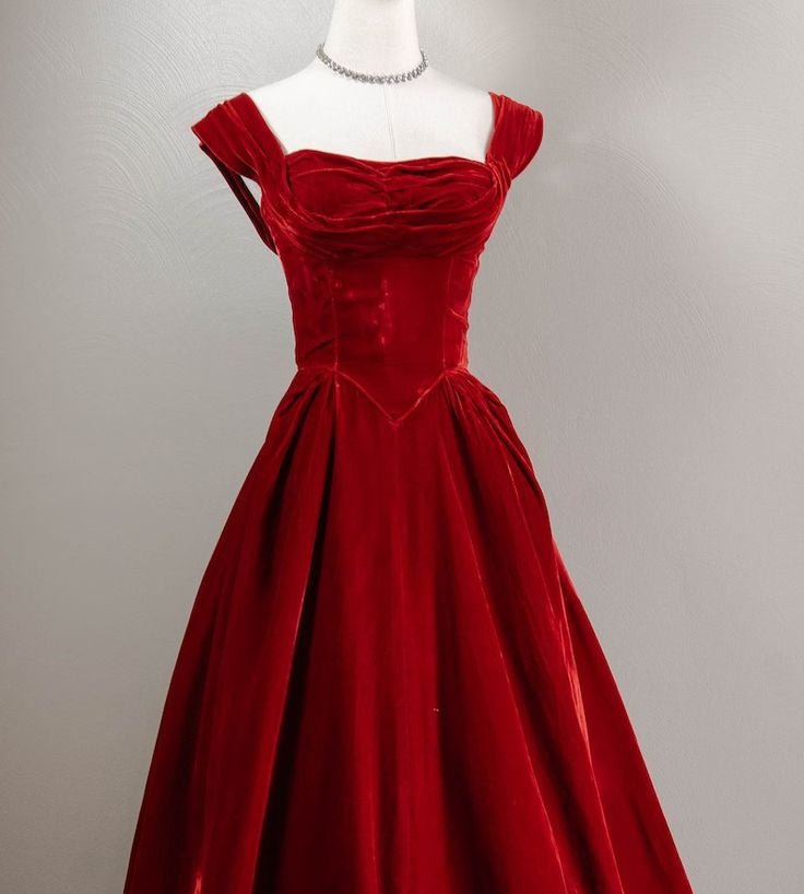 Red vintage fashion wide straps long velvet elegant ball gown evening dress party dress nv3394