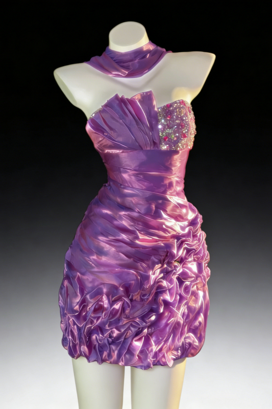 Iridescent Purple Bow Strapless Mini Dress - Pleated Satin Luxury Gown NV6762