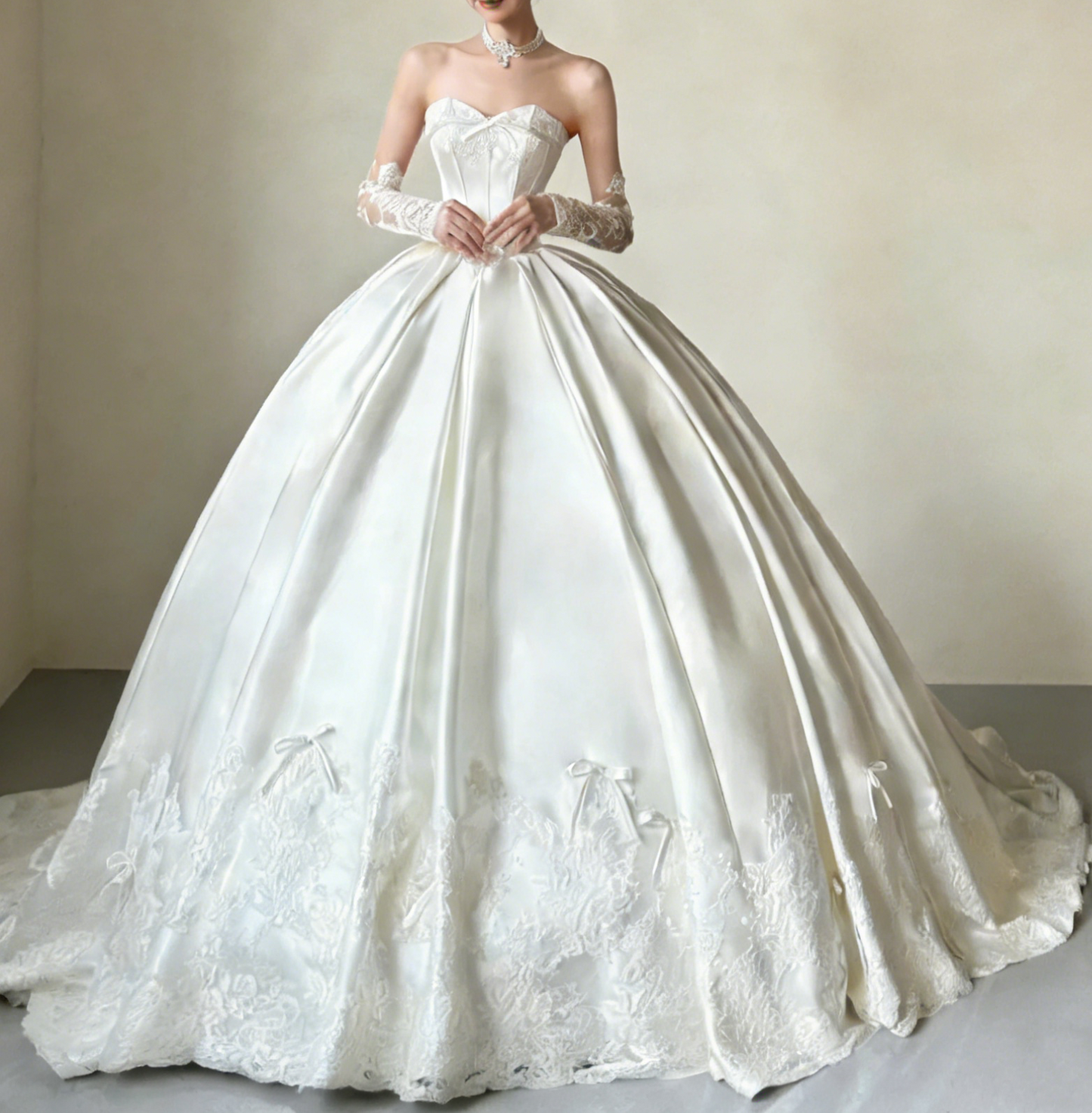 Satin Strapless Lace Train Bridal Gown - Vintage Court Style Wedding Dress NV6761