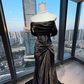 Off Shoulder Black Shimmer Satin Mermaid Prom Dress Twist Ruched Waist Long Train Evening Gown  NV6994