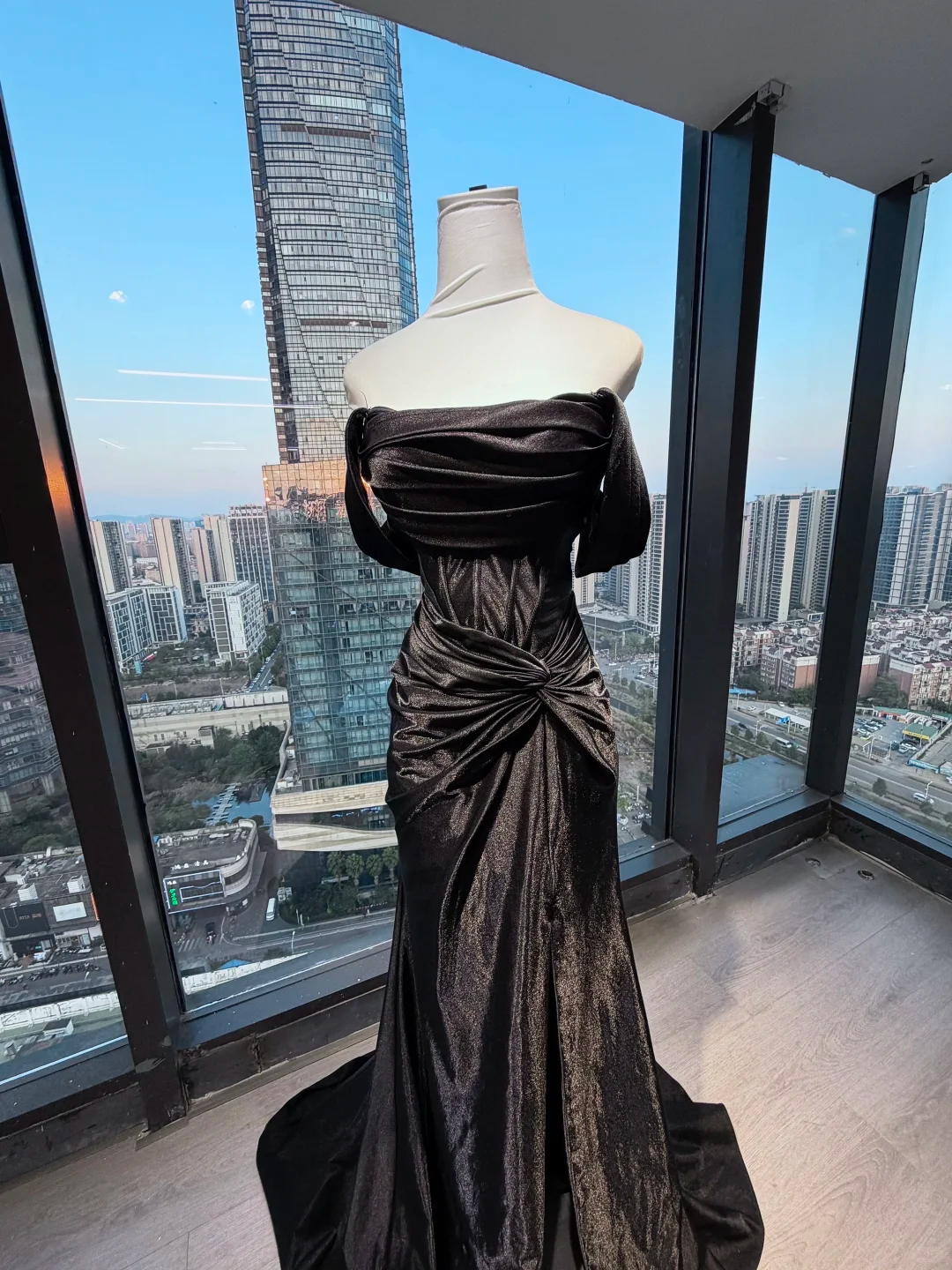 Off Shoulder Black Shimmer Satin Mermaid Prom Dress Twist Ruched Waist Long Train Evening Gown  NV6994