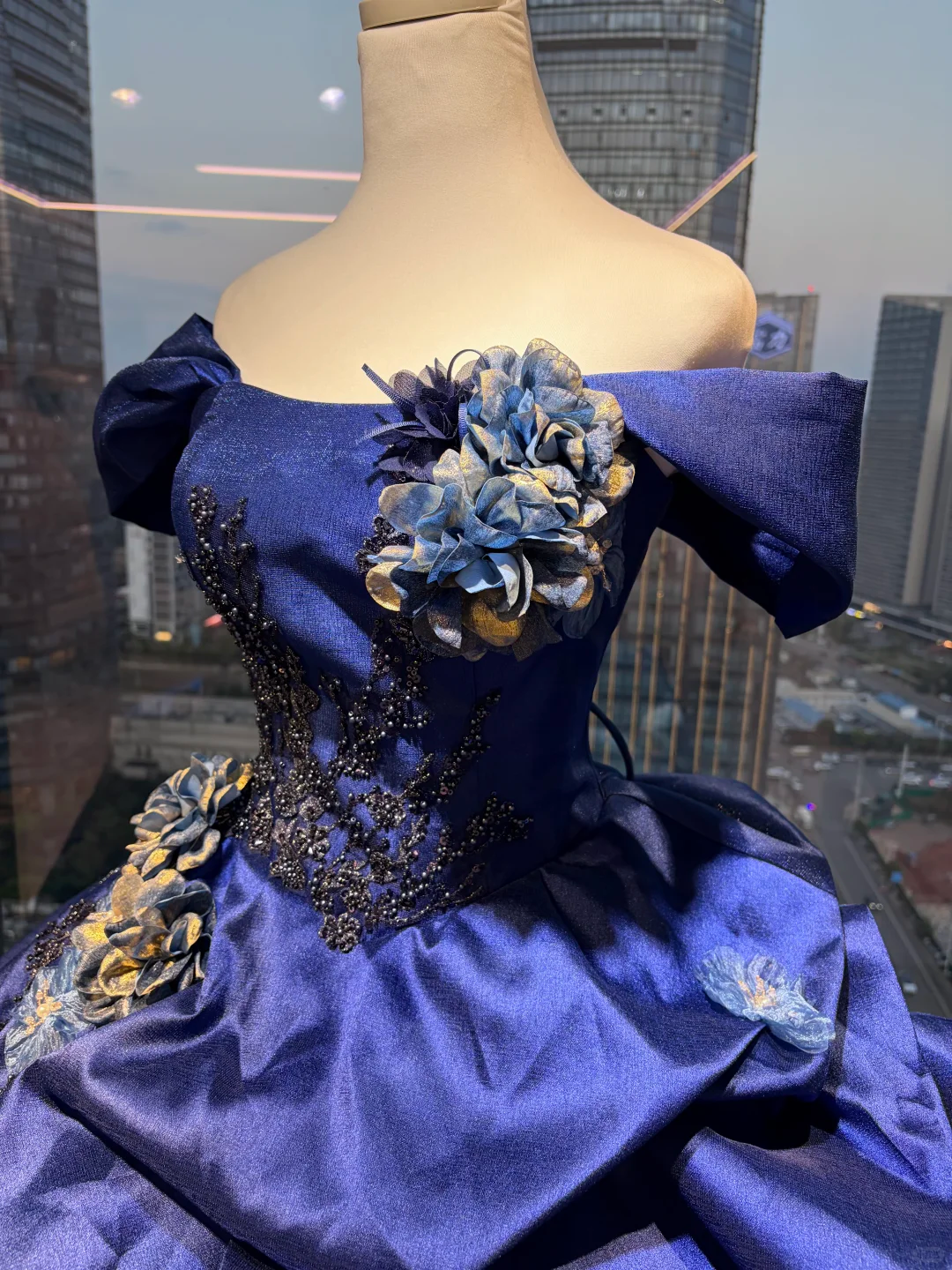 Off Shoulder Royal Blue Ball Gown Puff Sleeve Beaded Embroidery 3D Flower Satin Ruffle Prom Dress  NV7039