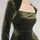 Robe de soirée trapèze en velours vert simple et élégante à manches longues nv1917