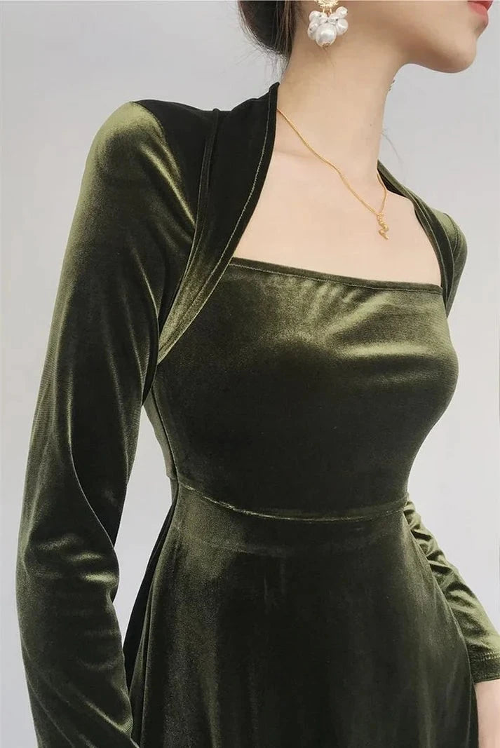 Robe de soirée trapèze en velours vert simple et élégante à manches longues nv1917