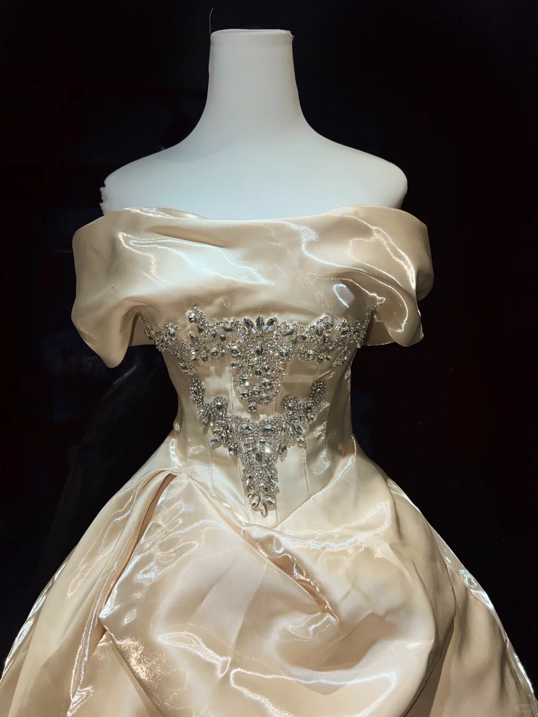 Off Shoulder Champagne Satin Ball Gown Rhinestone Beaded Draped Skirt Long Formal Prom Wedding Dress  NV6979
