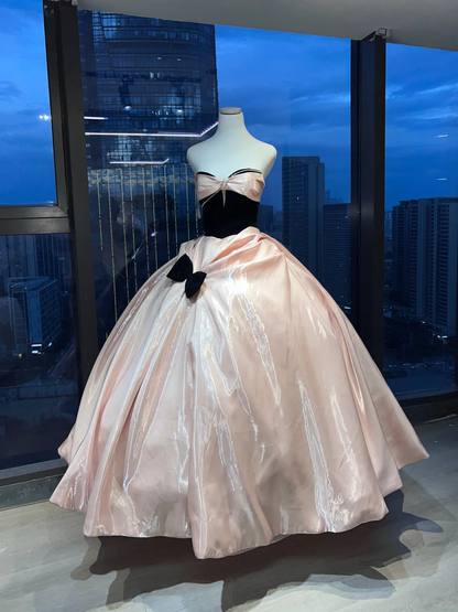 Strapless Black Pink Contrast Ball Gown Velvet Bodice Shiny Satin Skirt Bow Prom Dress  NV7042