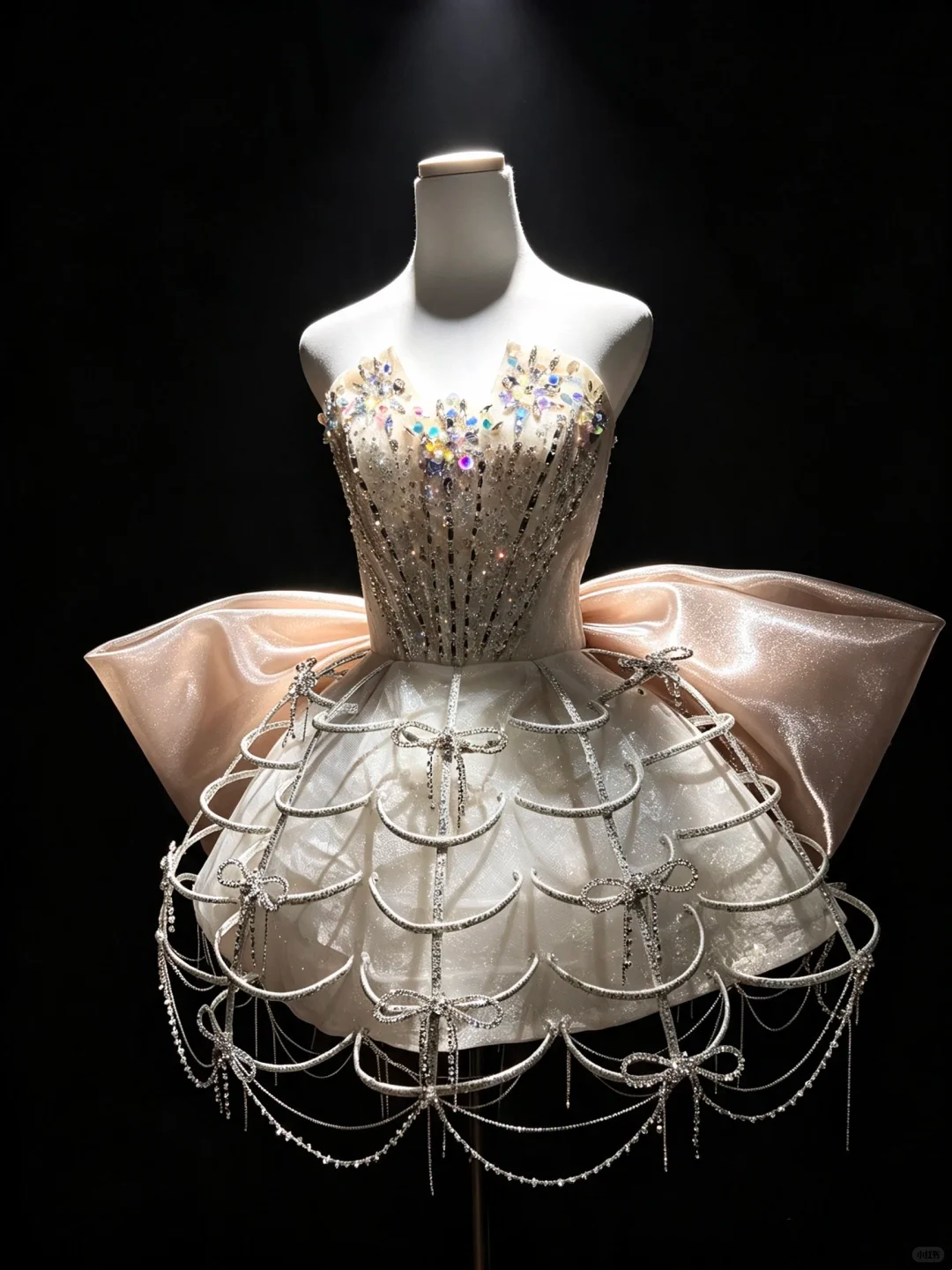 Ivory Strapless Sweetheart Cage Skirt Dress Crystal Chain Tassel Big Champagne Bow Back Runway Prom Gown  NV6934