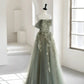 Robe de soirée longue en tulle, élégante et florale, gris et vert, tenue de bal, d'anniversaire, nv3843