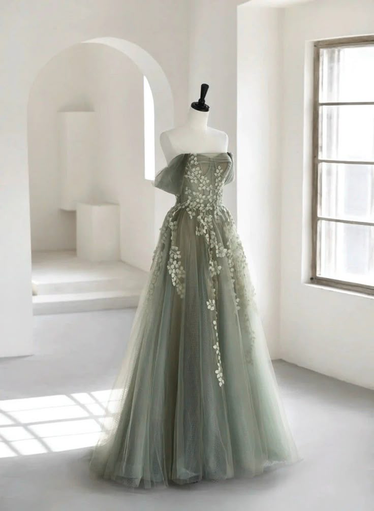 Robe de soirée longue en tulle, élégante et florale, gris et vert, tenue de bal, d'anniversaire, nv3843