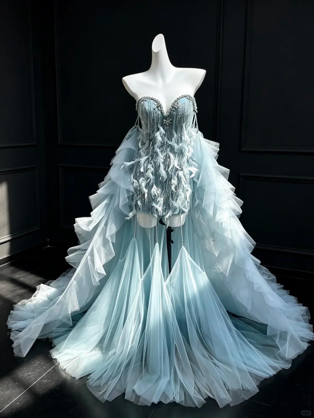 Dusty Blue Strapless Formal Gown Beaded Rhinestone Feather Detachable Tulle Train Evening Dress  NV6970
