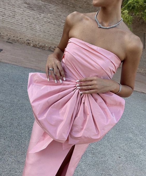 Pink Elegant Simple Unique Bow Satin Maxi Dress Long Slit Ball Gown Evening Dress nv2735