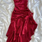 Robe de soirée longue rouge en satin à volants, sans bretelles, à la mode, nv3608