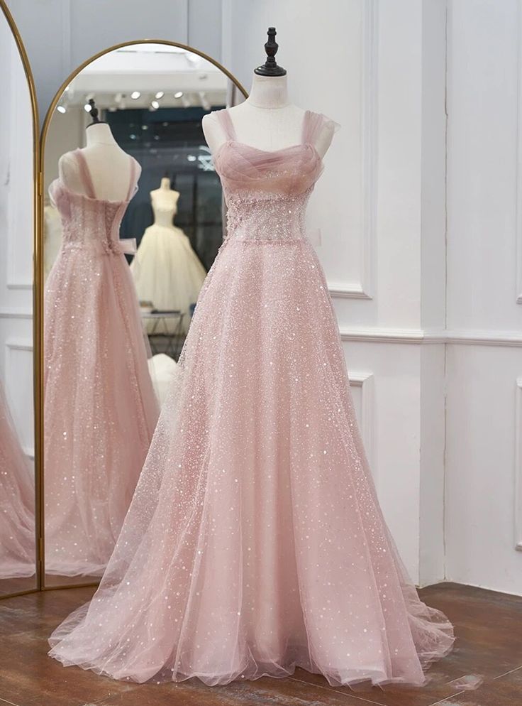 Pink Elegant Spaghetti Strap A-Line Sparkling Beaded Sleeveless Formal Wedding Party Prom Evening Gown Bridesmaid Dresses banquet outfit nv2994