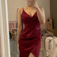 Burgunderrotes V-Ausschnitt-Kleid, schlicht, elegant, schmal, kurz, Mini, Ballkleid, Abendkleid, Partykleid, Homecoming-Kleid, nv2351