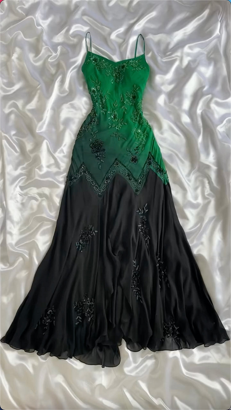 Robe de soirée longue en mousseline de soie, verte, brillante, à bretelles spaghetti, avec perles exquises, robe de bal, robe de soirée nv3577