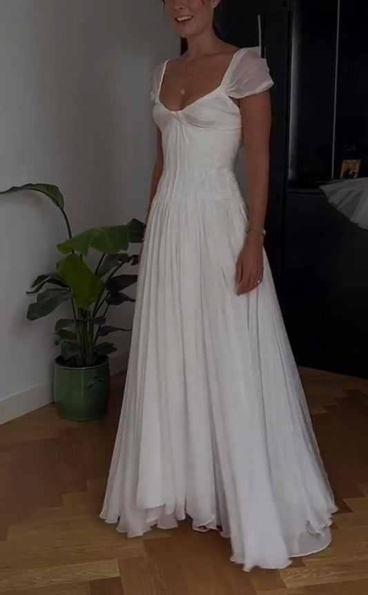 Weiß Solide Ziemlich Charmant Lange Chiffon A-Linie Bodenlangen Schleppe Ballkleid Abendkleid Hochzeit Brautjungfernkleider Ballkleid nv3825
