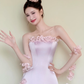 Light Pink Strapless Satin Prom Dress with 3D Floral Appliques, A-Line Long Evening Gown  NV7438