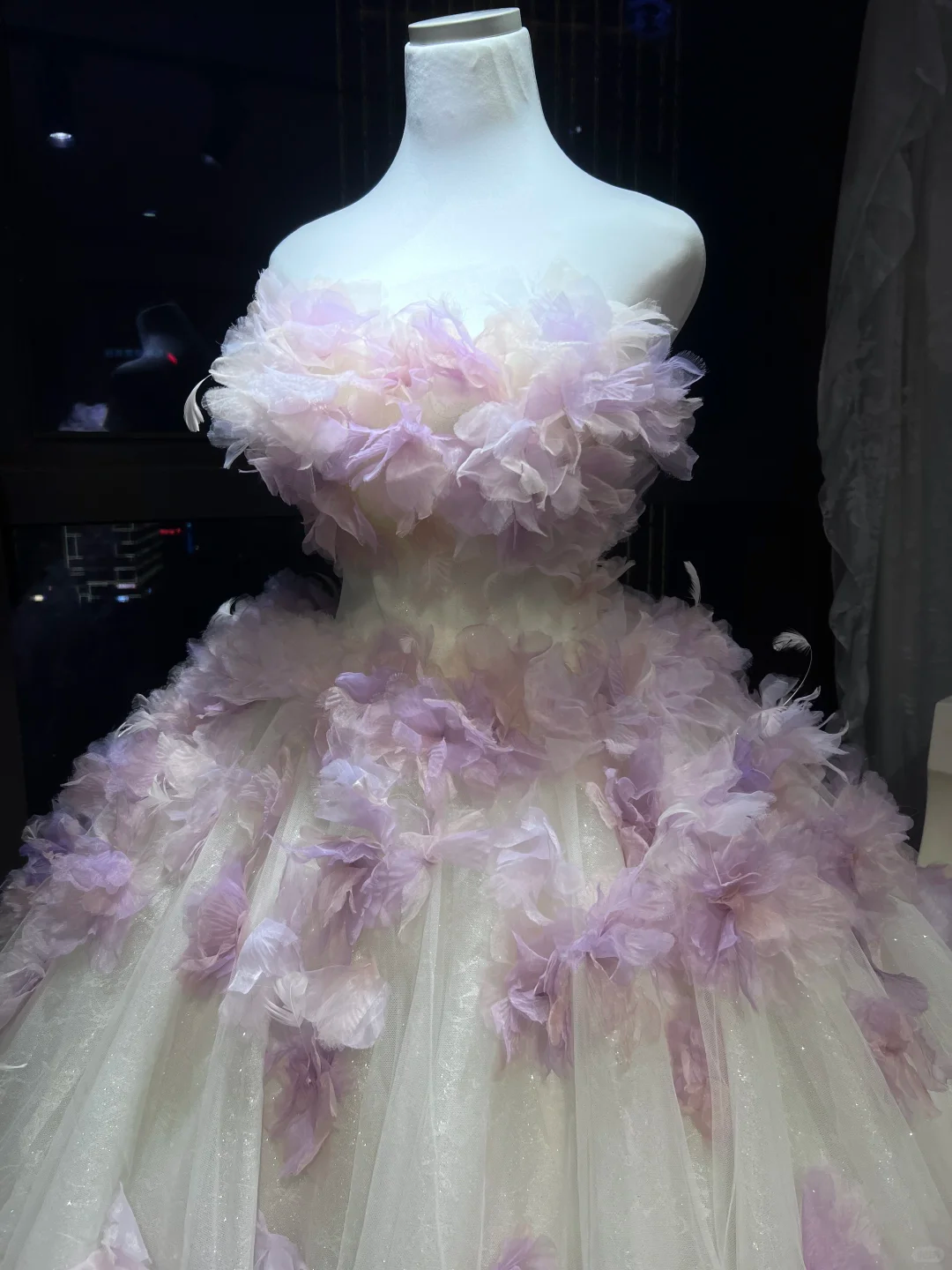 White Ombre Lavender Strapless Tulle Ball Gown, Corset Dress with 3D Gradient Floral Petals & Feather Trim  NV7097