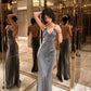 Silbernes, schlichtes, elegantes, figurbetontes, langes Ballkleid-Abendkleid nv2016