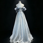 Off Shoulder Dusty Blue Princess Prom Dress Big Bow Sparkly Tulle Ball Gown  NV6976