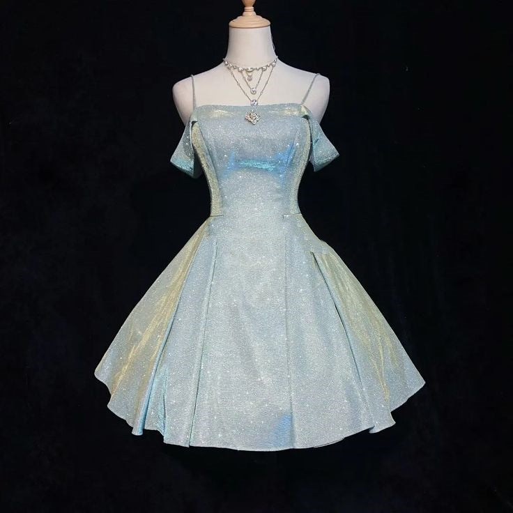 Robe de soirée courte en satin bleu scintillant nv4860