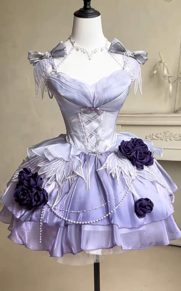 Robe de bal courte en mousseline de soie à fleurs bleu/vert/violet nv4824