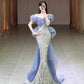 Blue Shiny Sequin Long Elegant Lace Ball Gown Evening Dress Party Dress nv3249