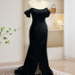 Robe de soirée longue noire en satin à épaules dénudées et style sirène nv1609