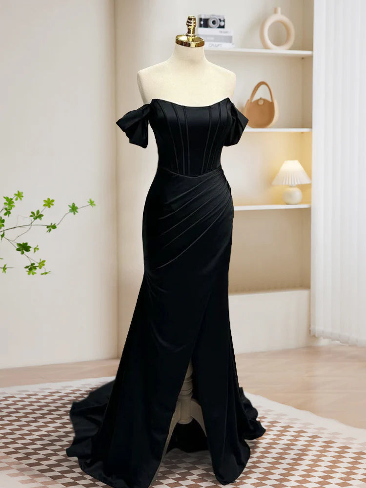 Robe de soirée longue noire en satin à épaules dénudées et style sirène nv1609