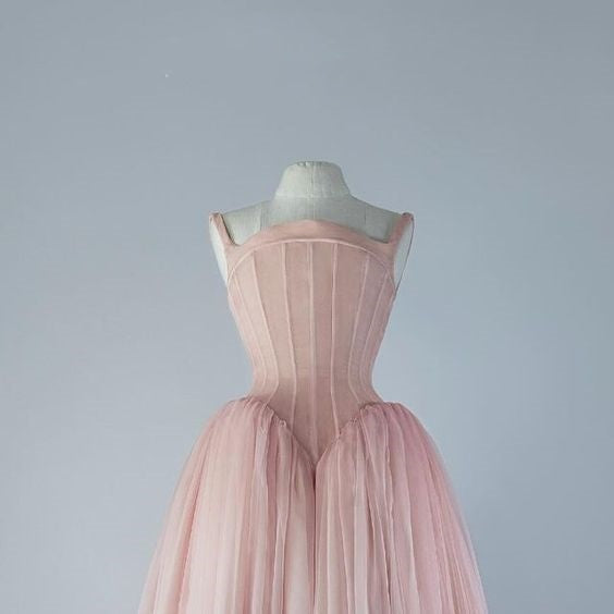 Robe longue de soirée en tulle rose vintage simple et élégante avec corset nv2723