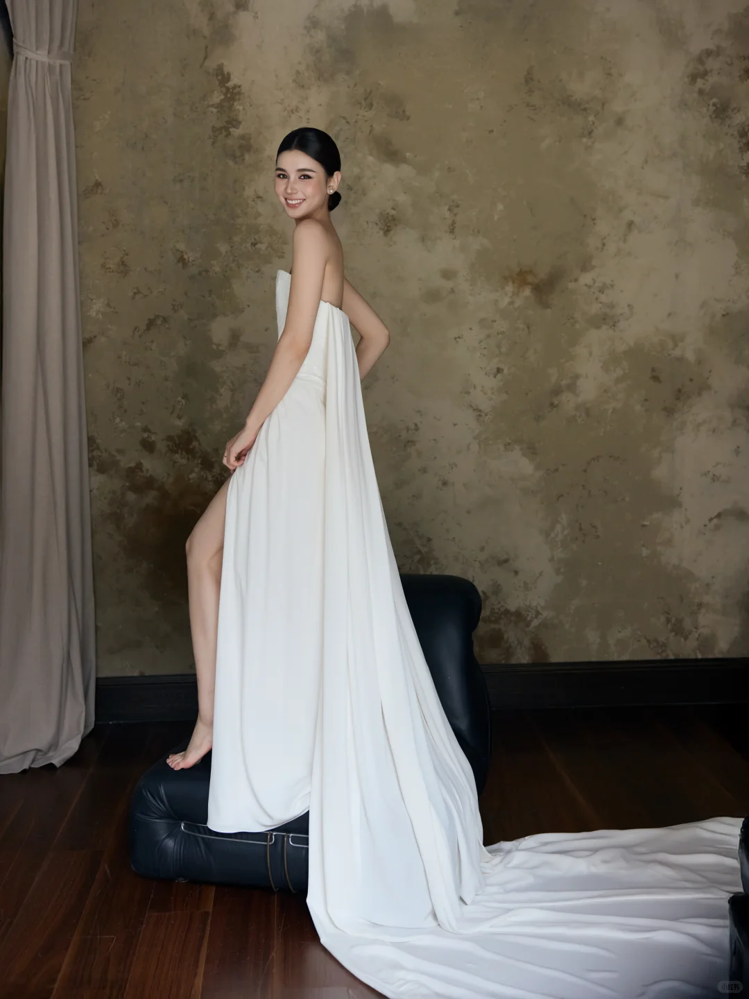 Ivory Strapless Chiffon Mermaid Wedding Gown with Draped Train  NV7197