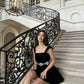 Schwarzes trägerloses Homecoming-Kleid aus Samt, kurzes Mini-Partykleid mit Applikationen, nv2996