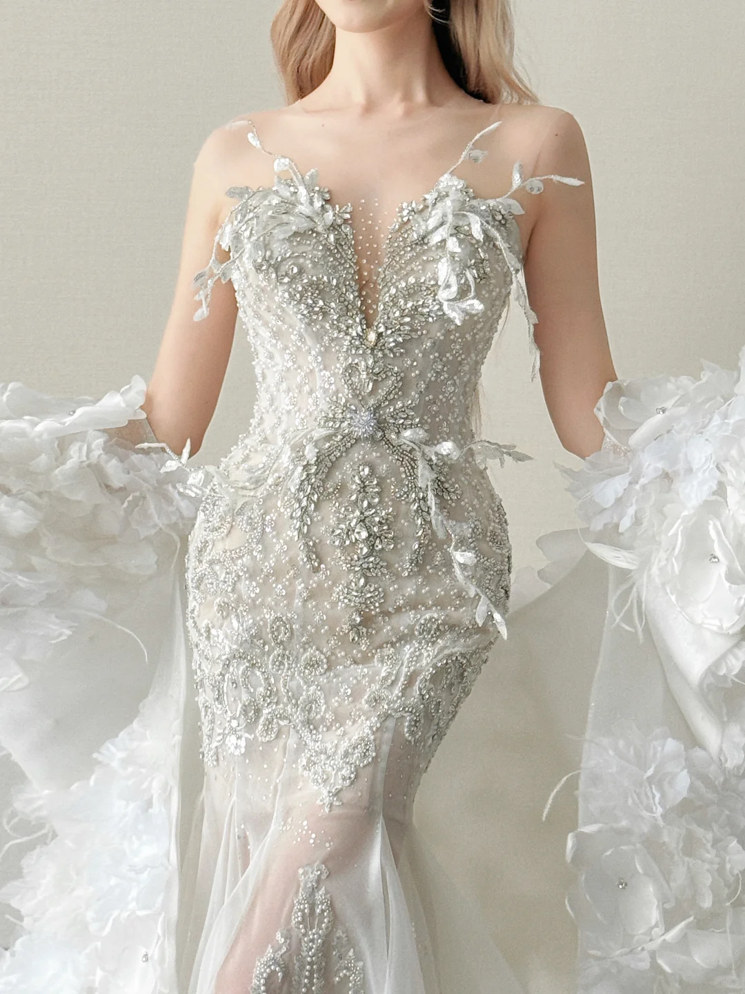 Deep V White Mermaid Wedding Dress 3D Floral Detachable Sleeve Bridal Gown  NV7126