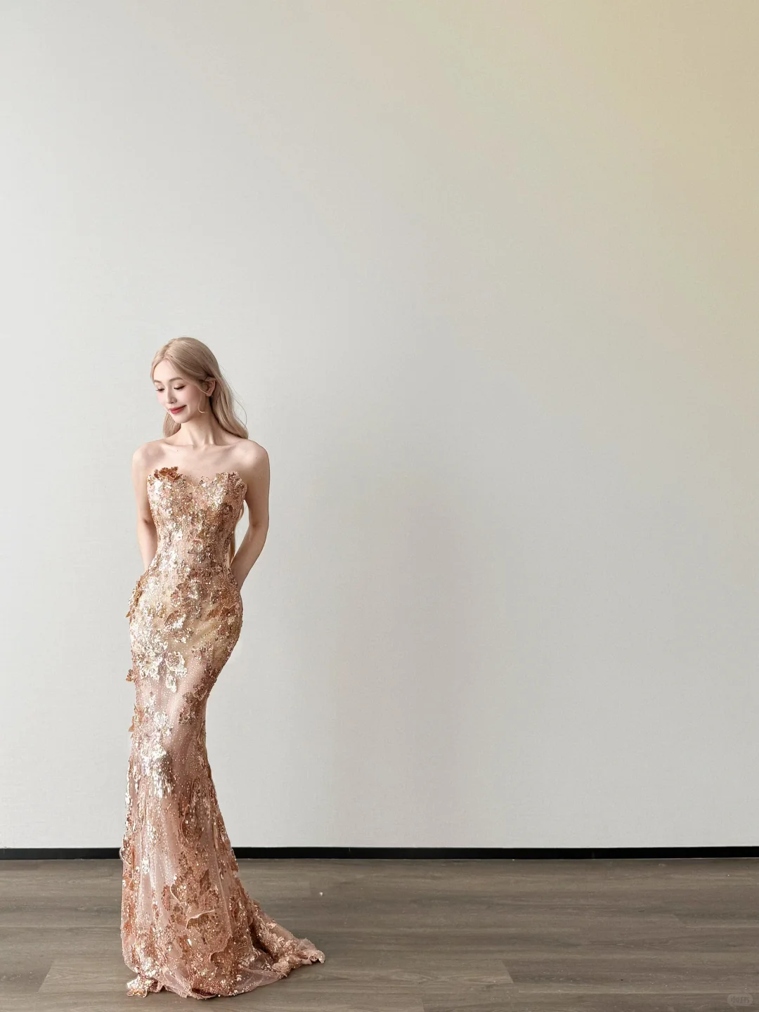 Strapless Champagne Gold Mermaid Prom Dress 3D Floral Sequin Gown  NV7120
