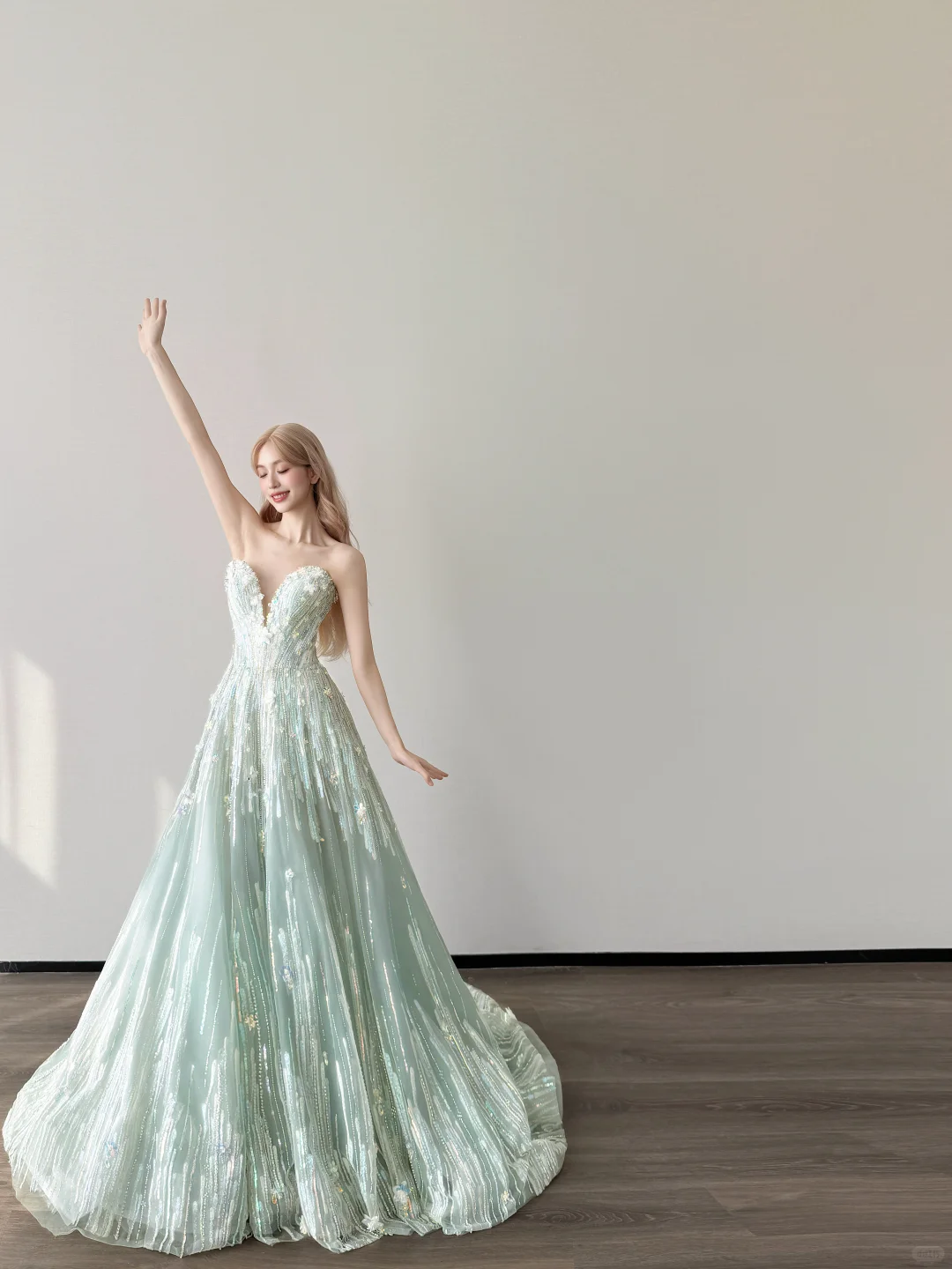 Mint Green Strapless Deep V Prom Gown Vertical Sequin Beading 3D Flower A Line Evening Dress  NV7154