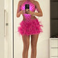 Robe de soirée courte rose brillante, sans bretelles, en plumes, à la mode, nv3503