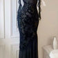 Robe de soirée longue sexy noire à bretelles spaghetti en dentelle style sirène nv1985
