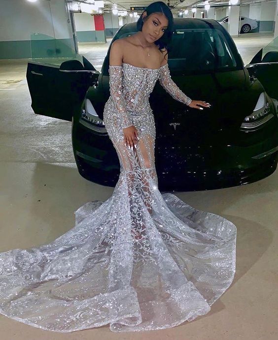 Silver Long Sleeve Off Shoulder Sequin Long Evening Dress Ball Gown Mermaid Slim Sexy Beaded Crystal nv3116